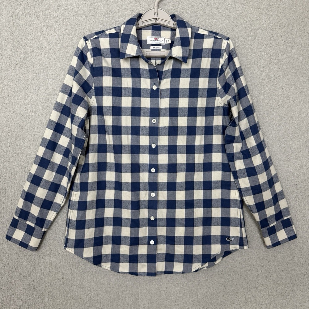 Vineyard Vines Performance Shirt Women 4 Blue Buffalo Check Relaxed Button Down